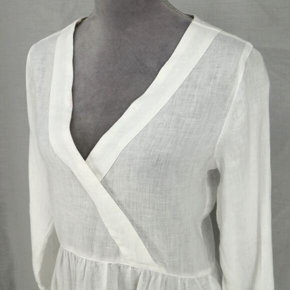 Cynthia Rowley Top Womens XS White Linen Semi Sheer Blouse Faux Wrap Beach - Picture 8 of 13